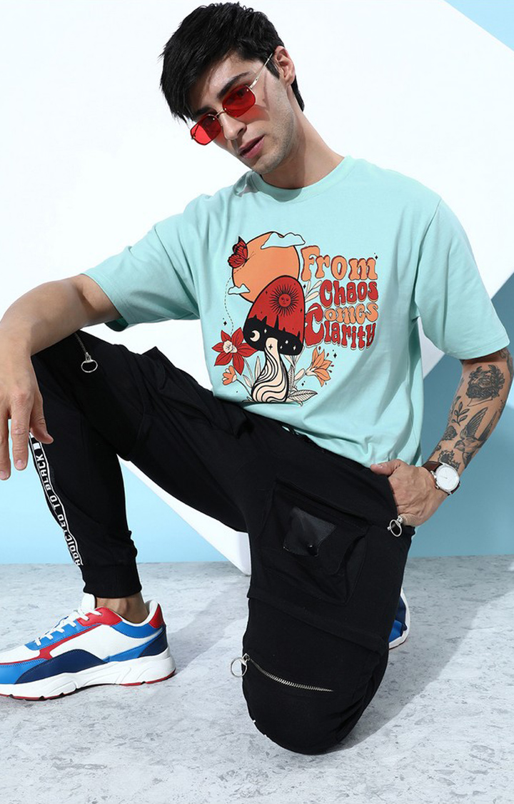 Men's Blue Cotton Graphic Printed Oversized T-Shirt