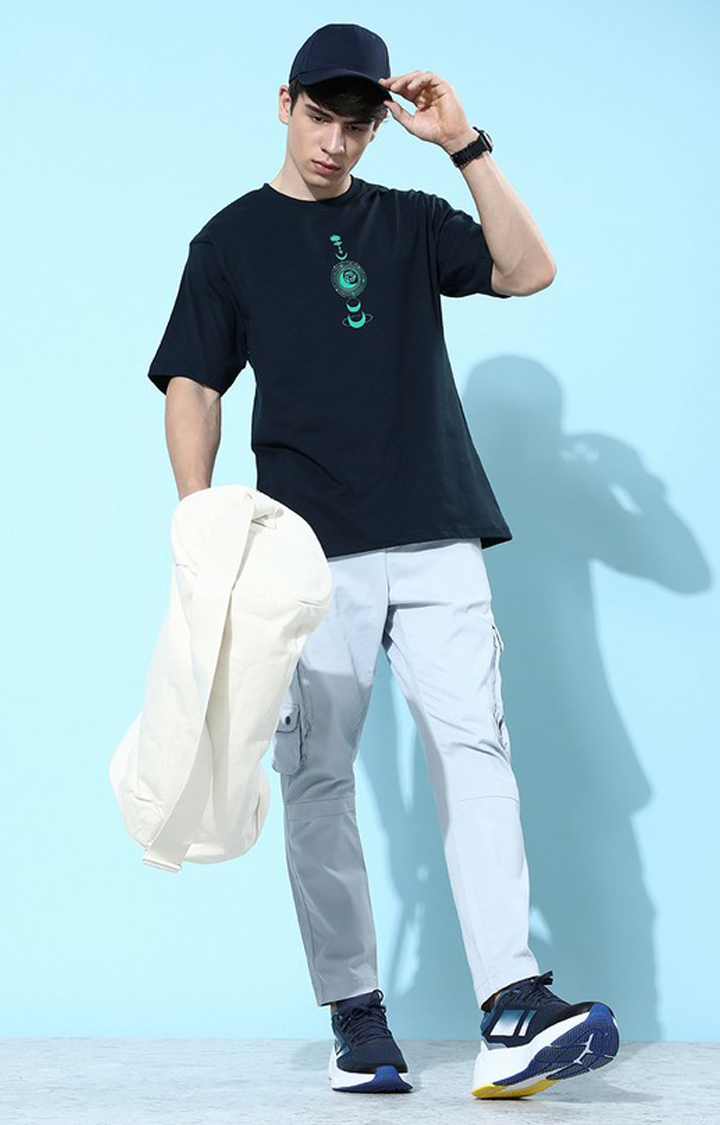 Men's Navy Blue Cotton Graphic Printed Oversized T-Shirt