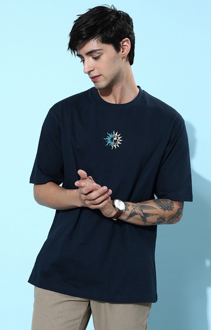 Men's Navy Blue Cotton Graphic Printed Oversized T-Shirt