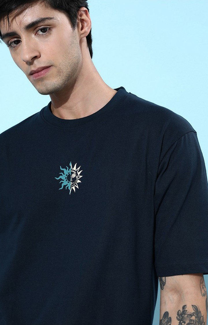 Men's Navy Blue Cotton Graphic Printed Oversized T-Shirt