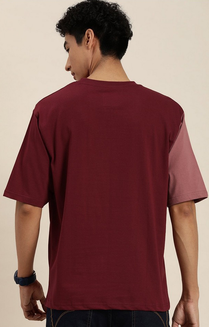 Men's Maroon Colourblock Oversized T-Shirt