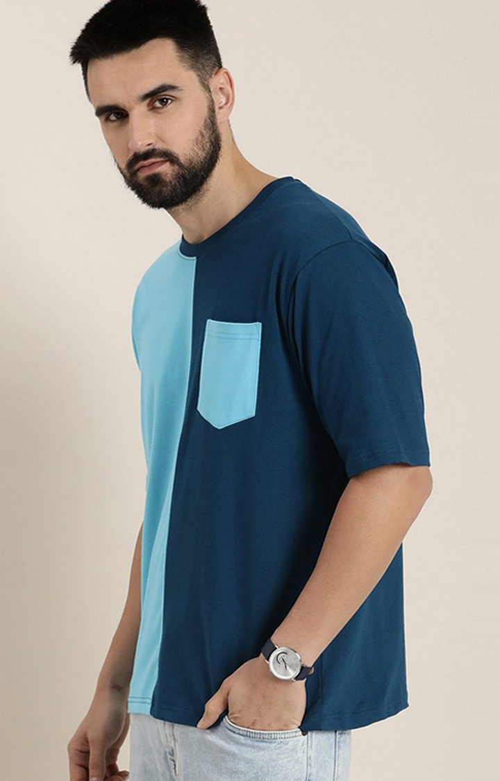 Men's Blue Colourblock Oversized T-Shirt