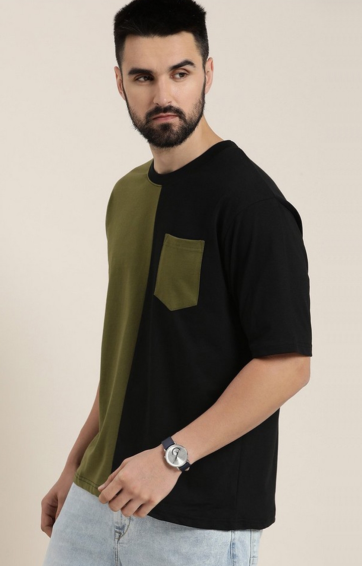Men's Olive Colourblock Oversized T-Shirt