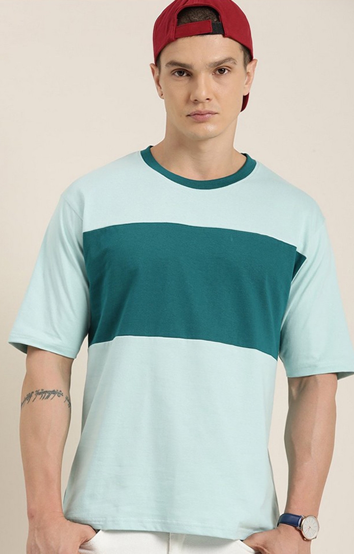 Men's Light Blue Colourblock Oversized T-Shirt