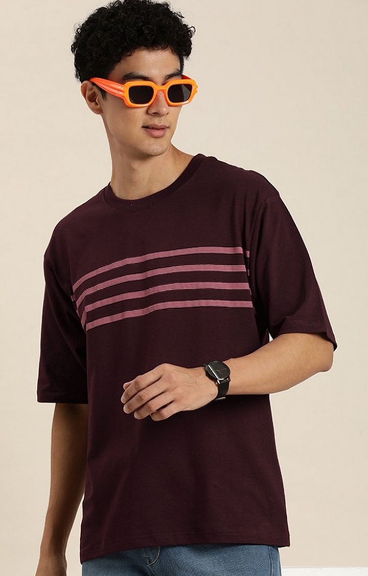 Men's Maroon Striped Oversized T-Shirt