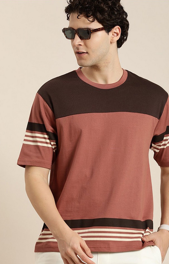 Men's Brown Colourblock Oversized T-Shirt