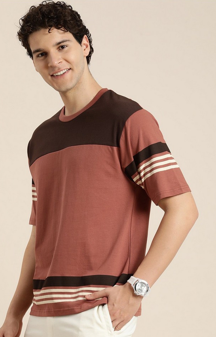 Men's Brown Colourblock Oversized T-Shirt