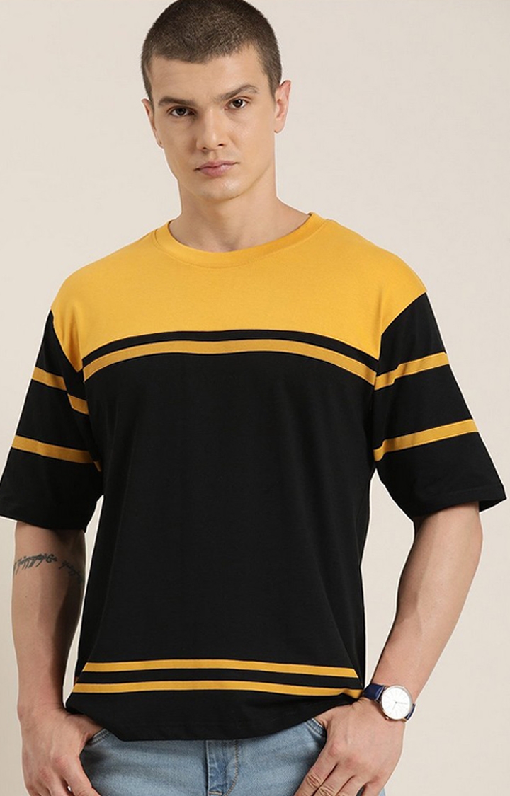 Men's Yellow & Black Colourblock Oversized T-Shirt