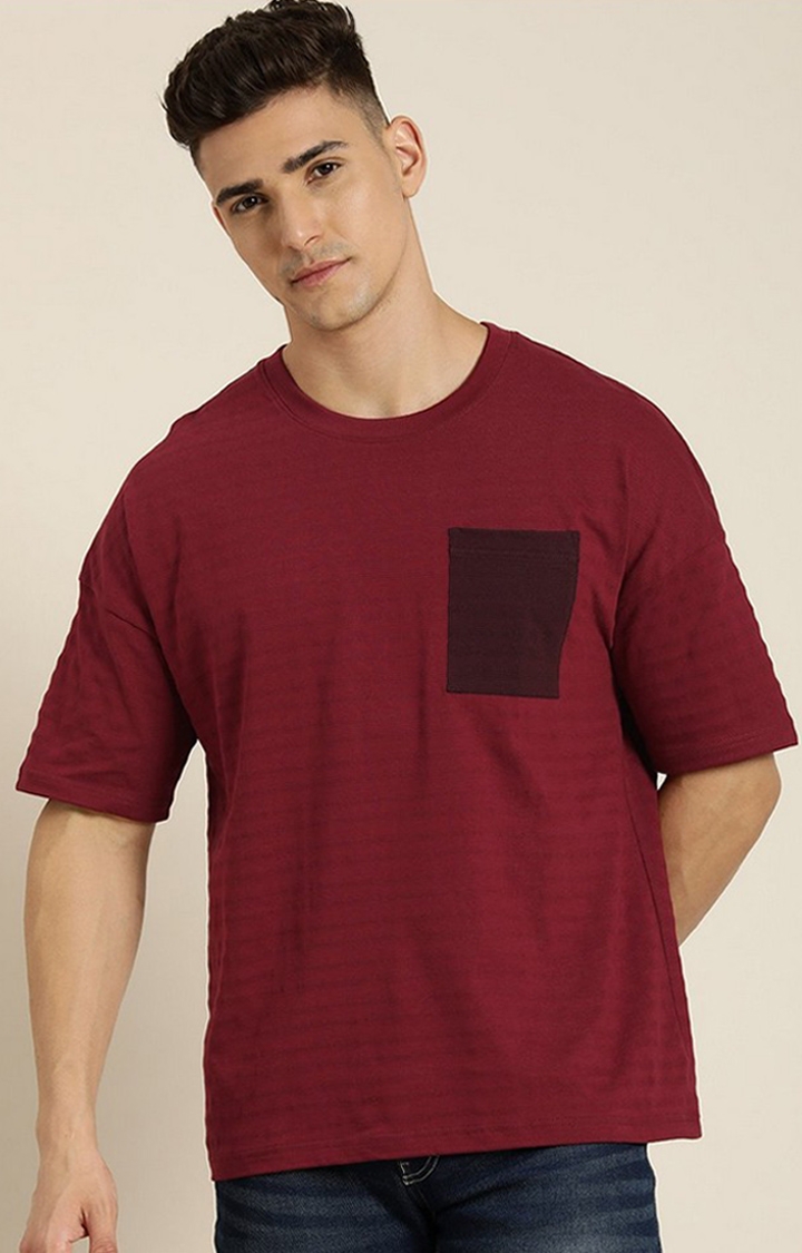 Men's Maroon Striped Oversized T-Shirt
