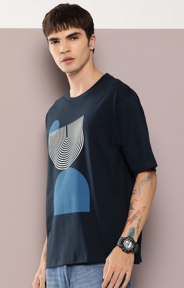 Men's  Navy Blue Graphic Oversized T-shirt