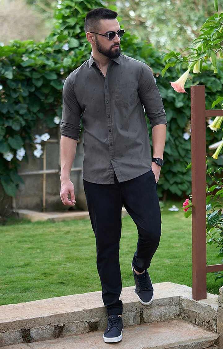 Men's Grey Cotton Graphic Printed Casual Shirt