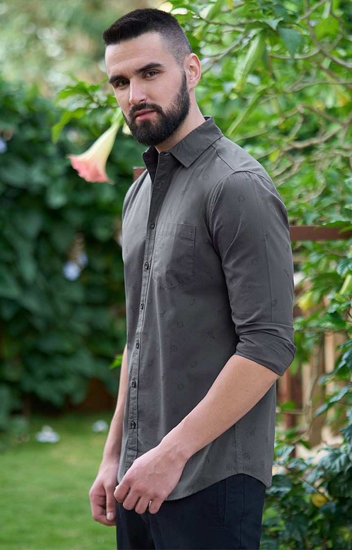 Men's Grey Cotton Graphic Printed Casual Shirt