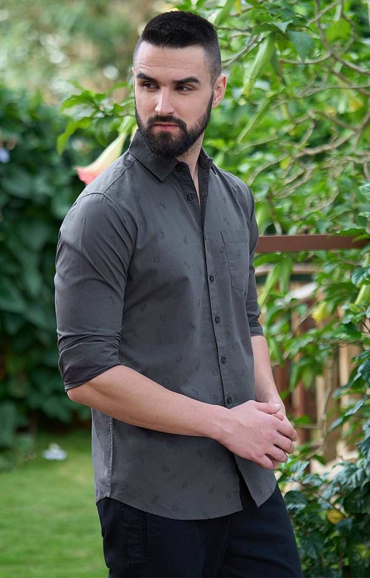 Men's Grey Cotton Graphic Printed Casual Shirt