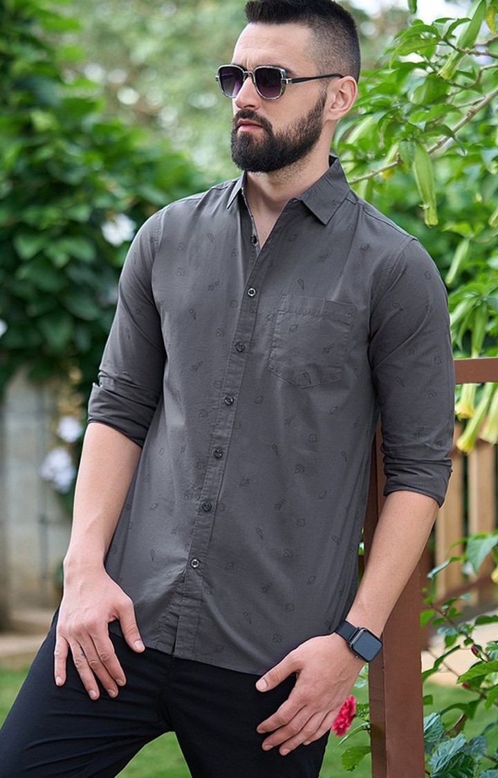 Men's Grey Cotton Graphic Printed Casual Shirt