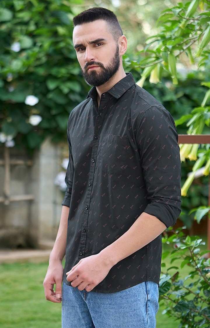 Men's Black Cotton Graphic Printed Casual Shirt