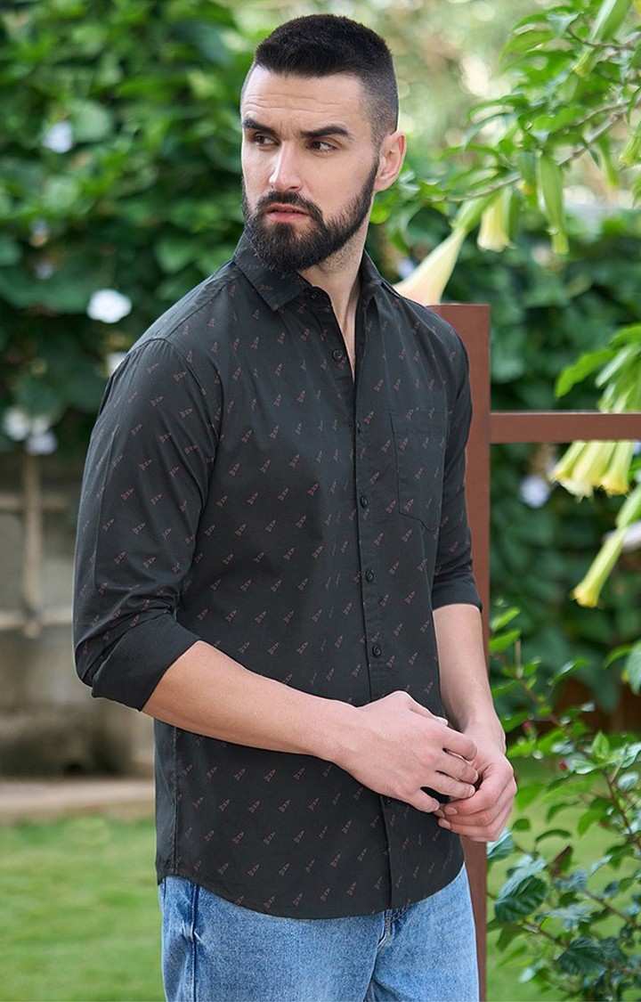 Men's Black Cotton Graphic Printed Casual Shirt