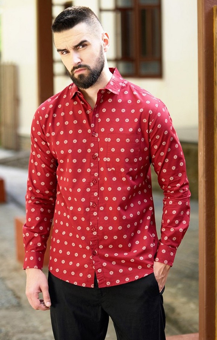 Men's Maroon Cotton Graphic Printed Casual Shirt