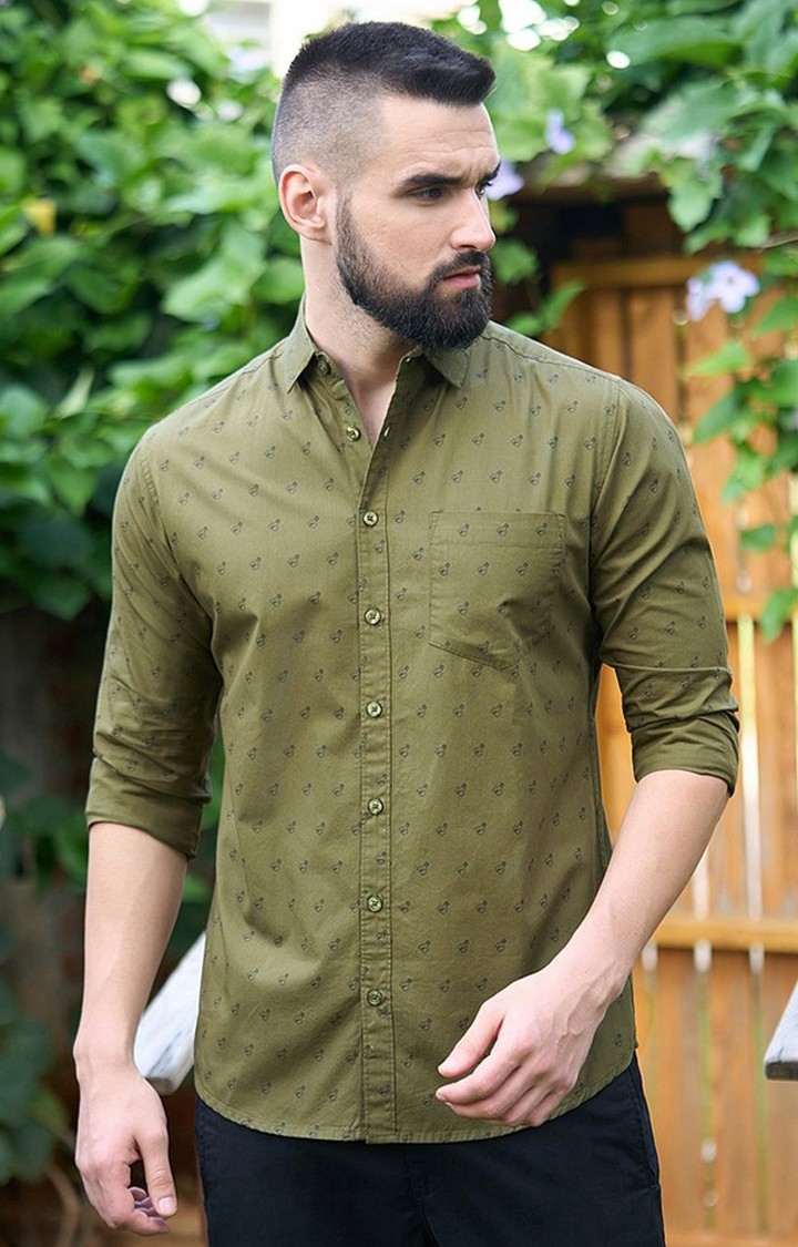 Men's Olive Cotton Graphic Printed Casual Shirt