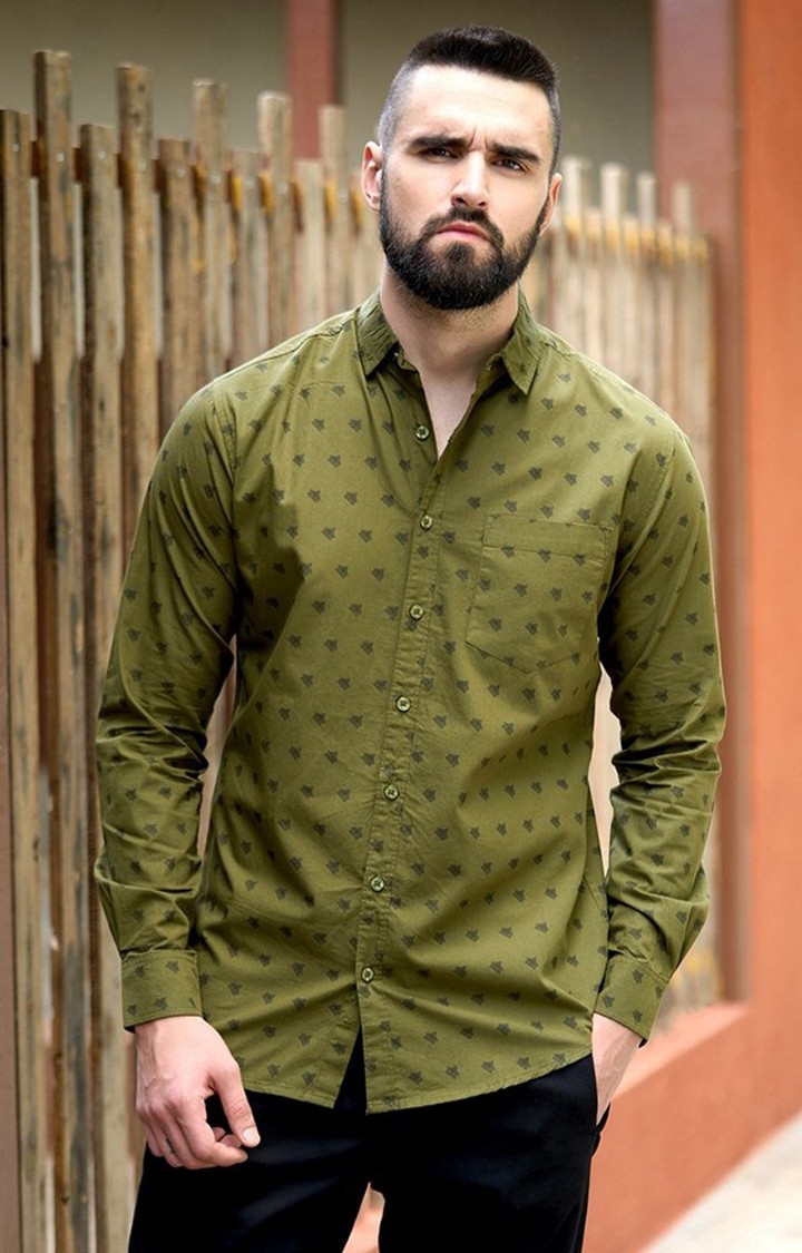 Men's Olive Cotton Graphic Printed Casual Shirt