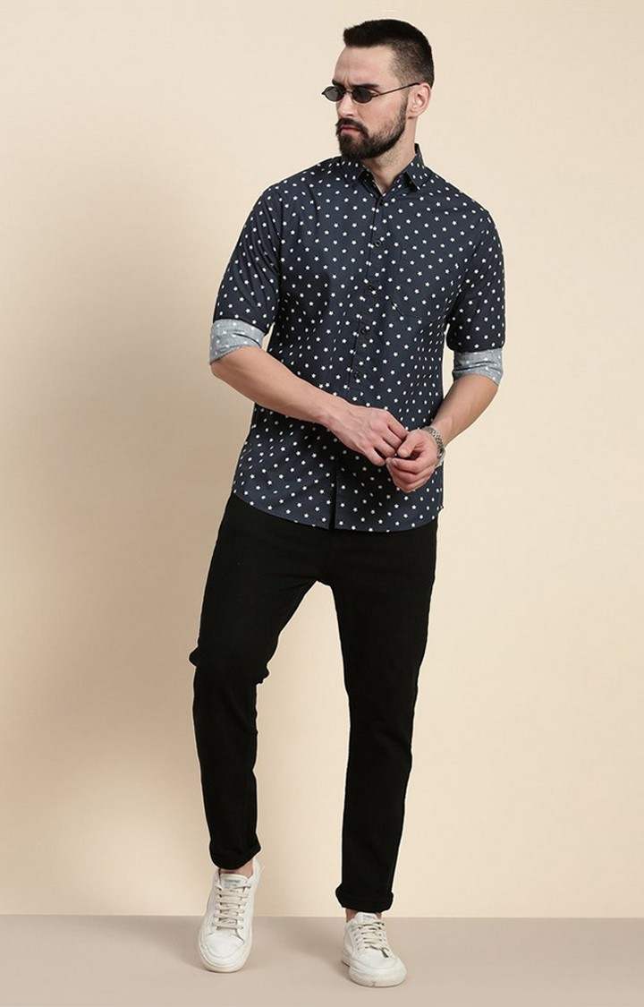 Men's Navy Cotton Graphic Printed Casual Shirt