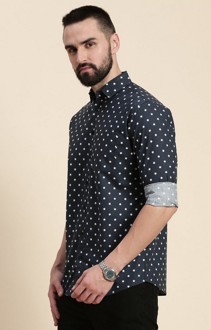 Men's Navy Cotton Graphic Printed Casual Shirt