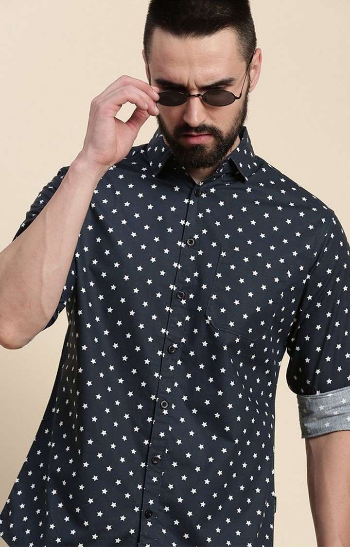 Men's Navy Cotton Graphic Printed Casual Shirt