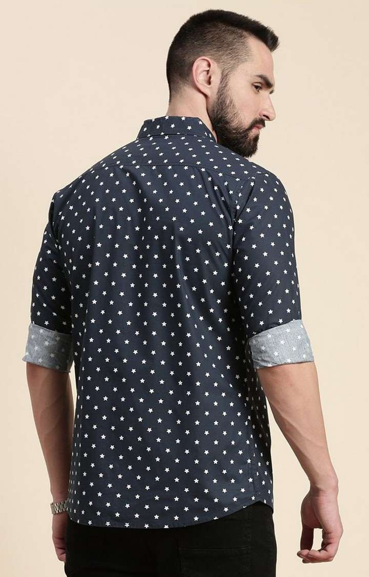 Men's Navy Cotton Graphic Printed Casual Shirt