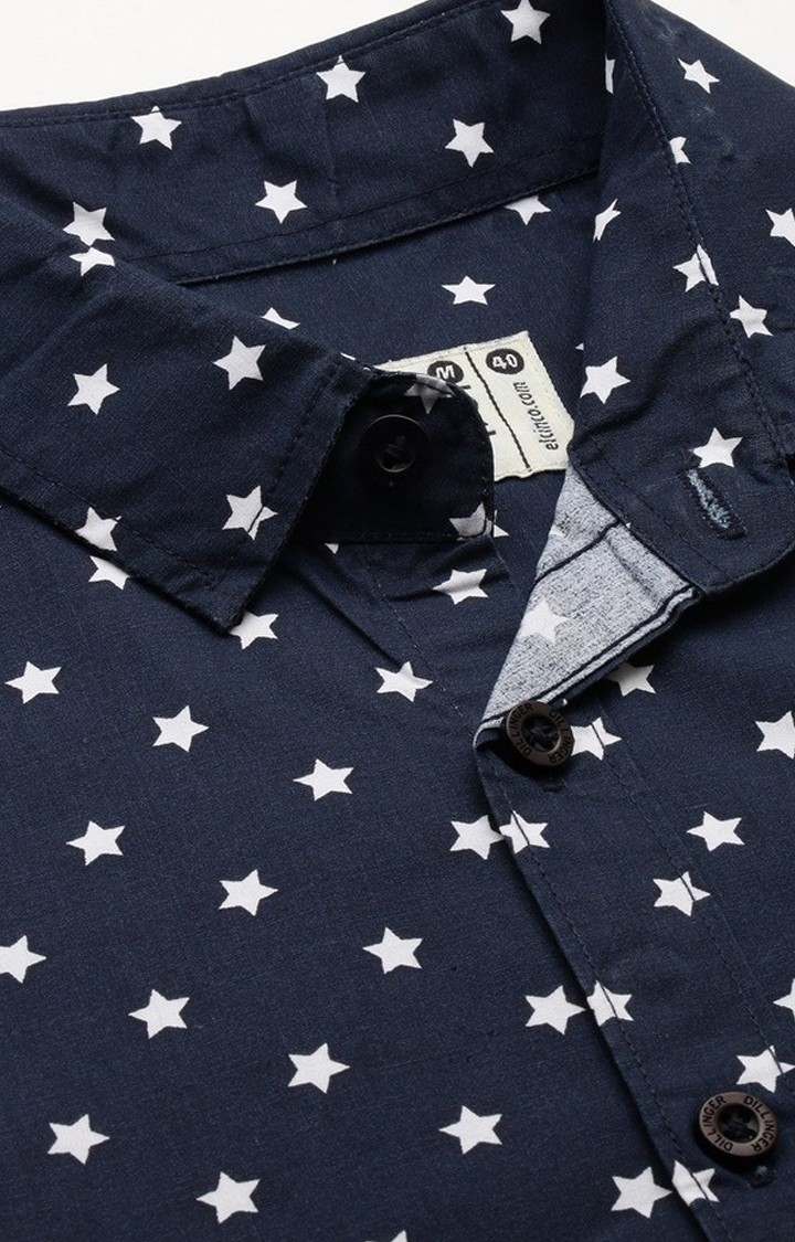 Men's Navy Cotton Graphic Printed Casual Shirt