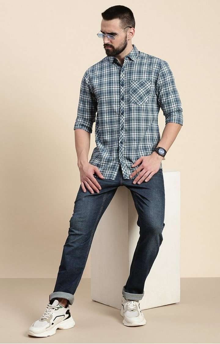Men's Teal Cotton Checked Casual Shirt