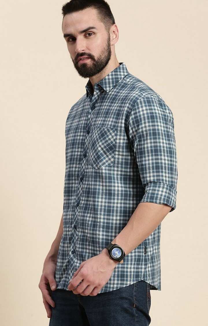Men's Teal Cotton Checked Casual Shirt