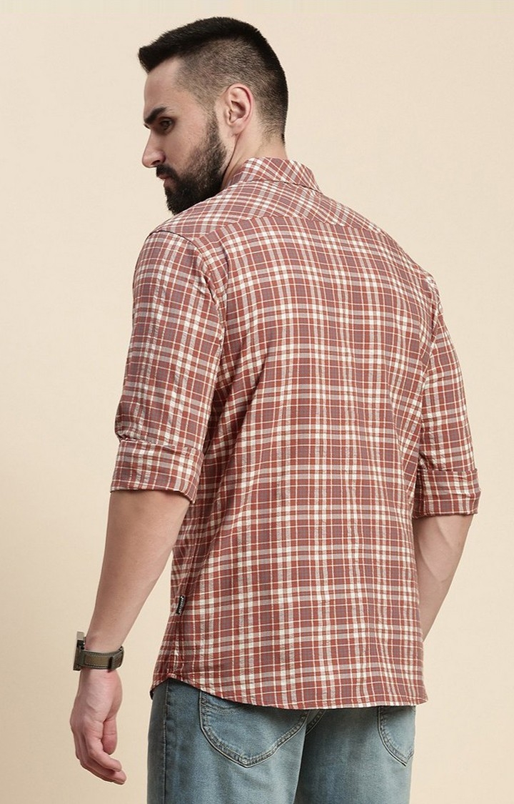 Men's Brown Cotton Checked Casual Shirt