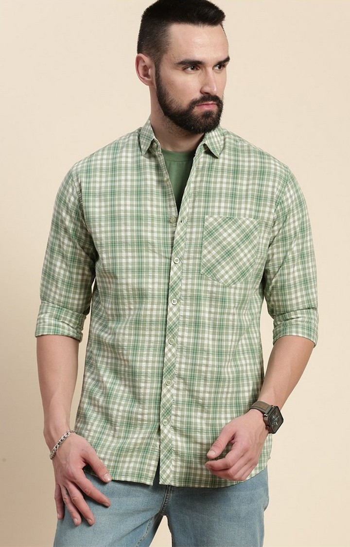Men's Pista Green Cotton Checked Casual Shirt