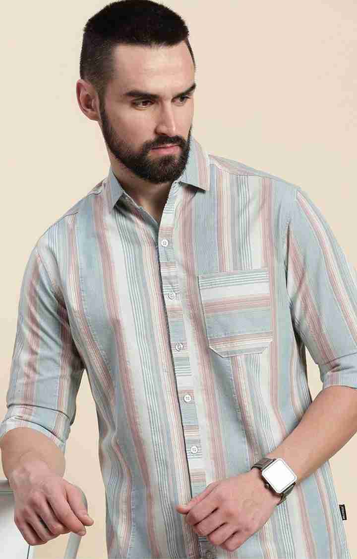 Men's Blue Cotton Striped Casual Shirt