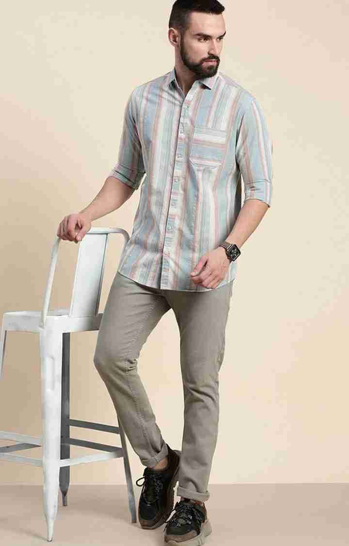 Men's Blue Cotton Striped Casual Shirt