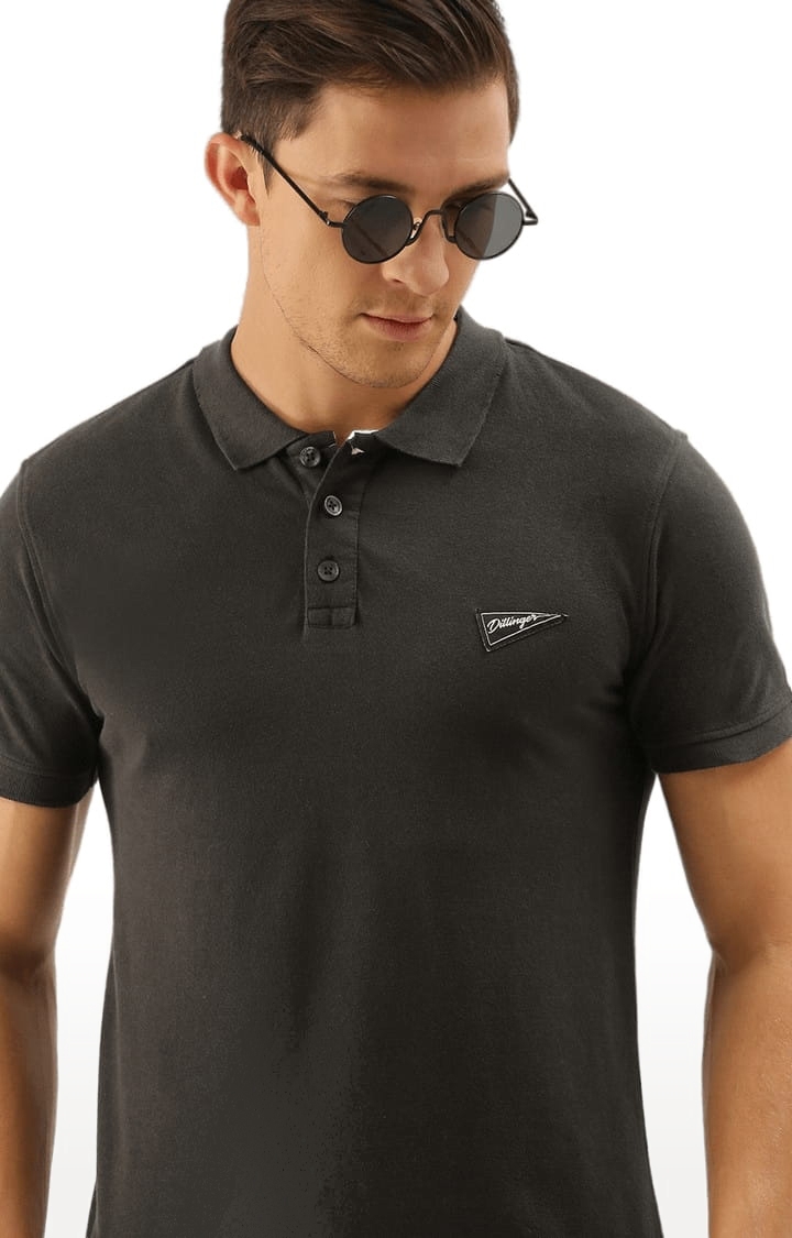 Men's Grey Cotton Solid Polo T-shirt