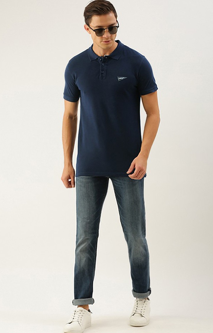 Men's Navy Blue Cotton Solid Polo T-shirt