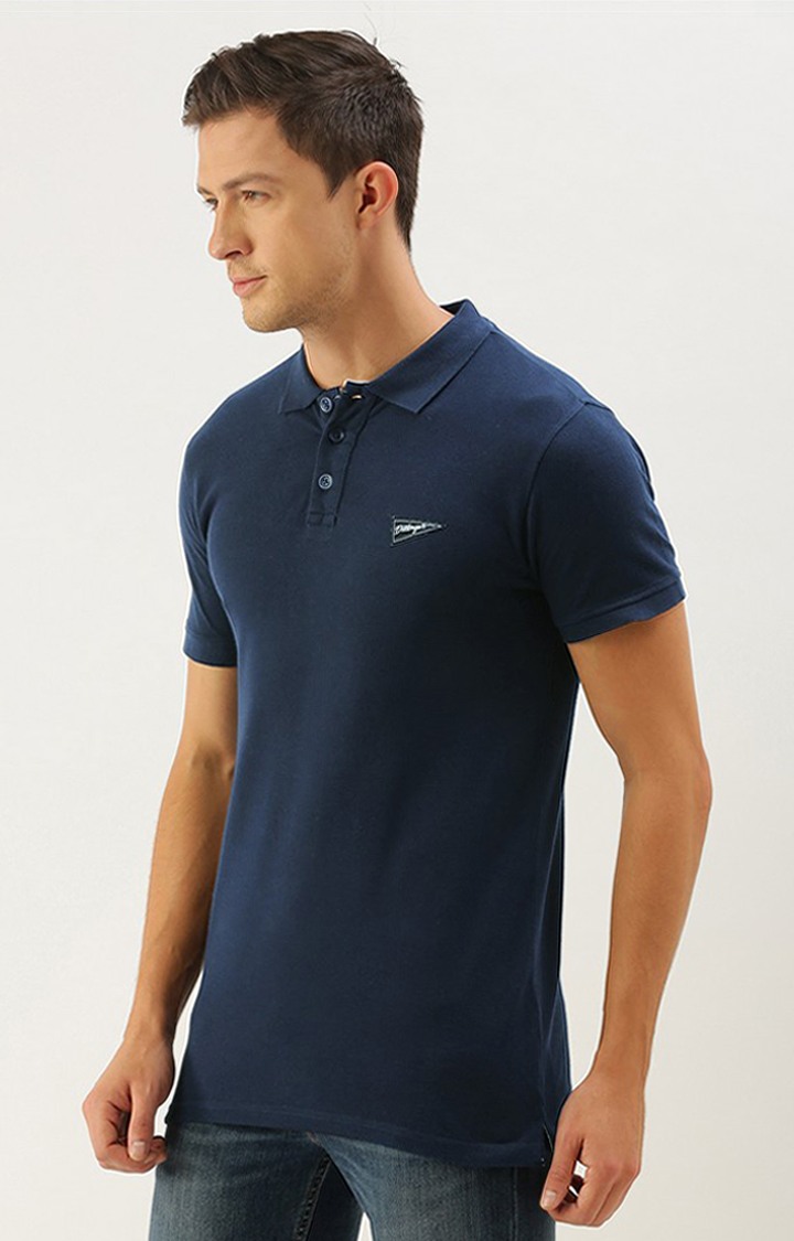 Men's Navy Blue Cotton Solid Polo T-shirt