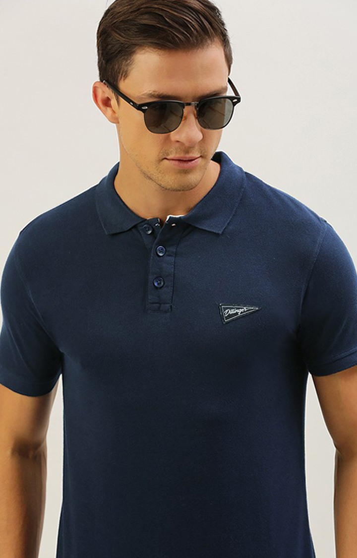 Men's Navy Blue Cotton Solid Polo T-shirt