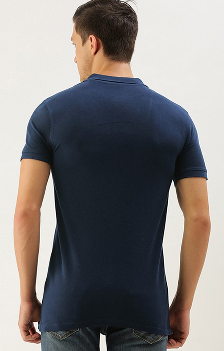 Men's Navy Blue Cotton Solid Polo T-shirt