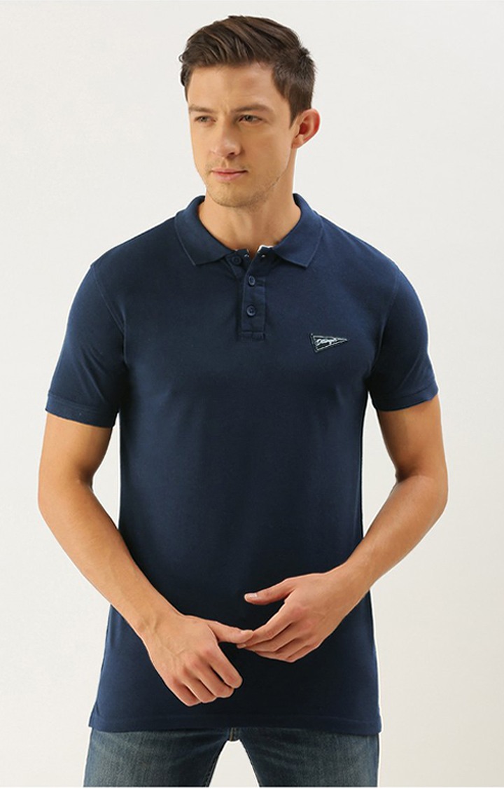 Men's Navy Blue Cotton Solid Polo T-shirt