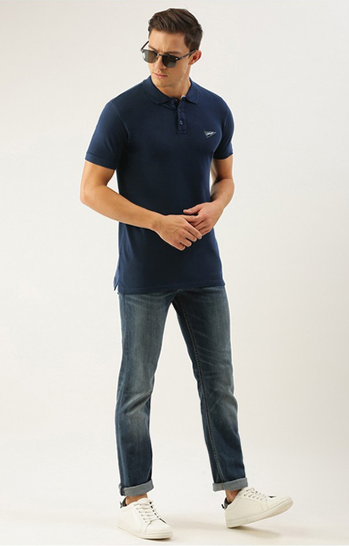 Men's Navy Blue Cotton Solid Polo T-shirt