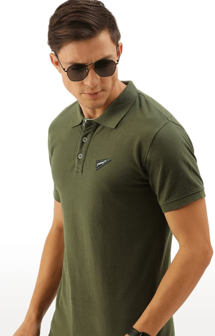 Men's Olive Green Cotton Solid Polo T-shirt