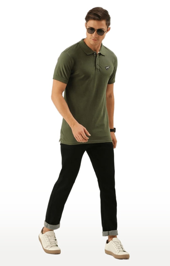 Men's Olive Green Cotton Solid Polo T-shirt