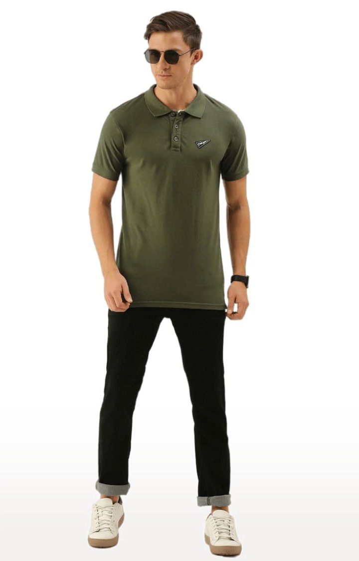 Men's Olive Green Cotton Solid Polo T-shirt