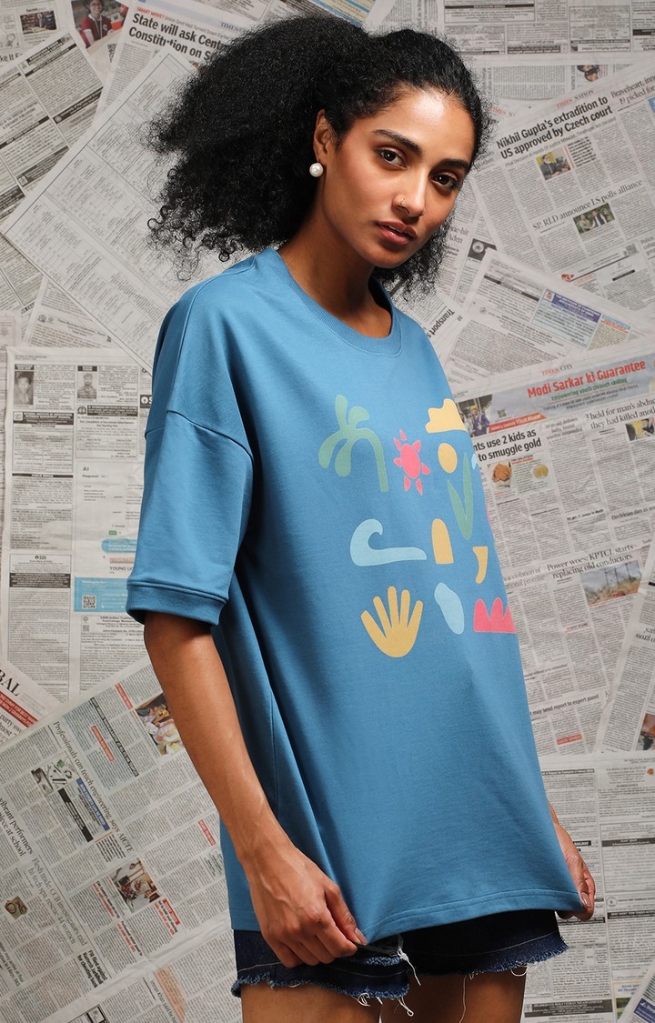 Unisex Teal Graphic Printed Oversized T-Shirt