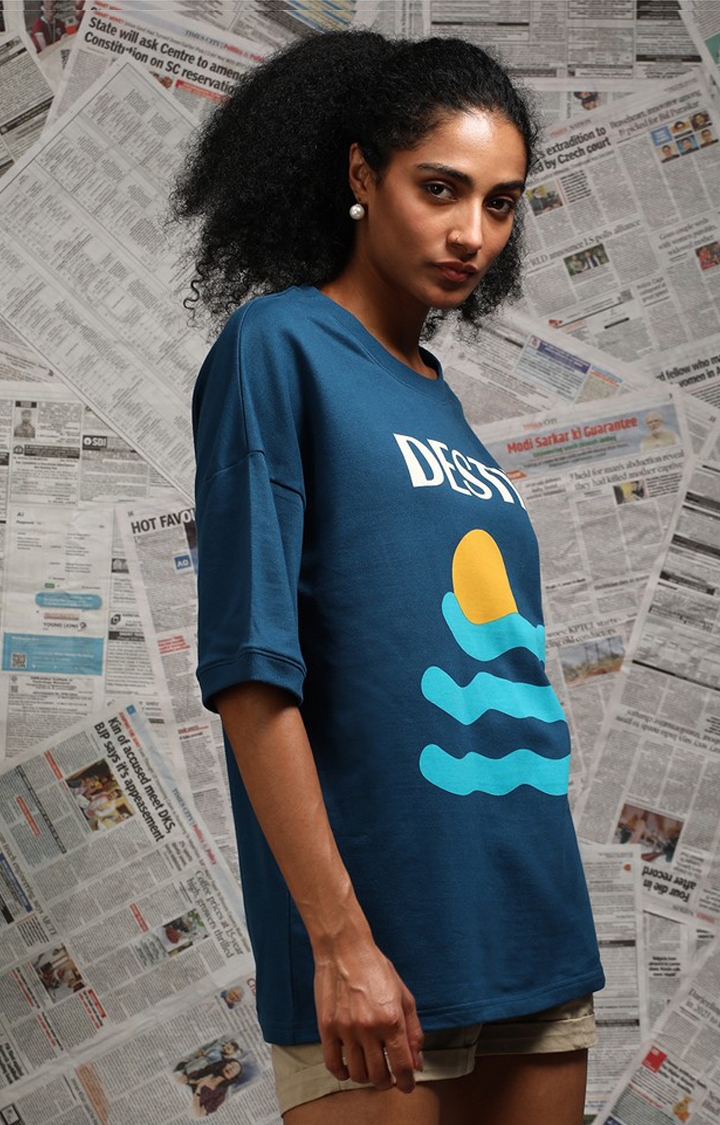Unisex Blue Graphic Printed Oversized T-Shirt