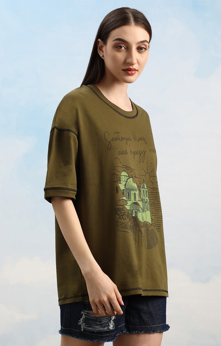 Unisex Olive Green Graphic Printed Oversized T-Shirt