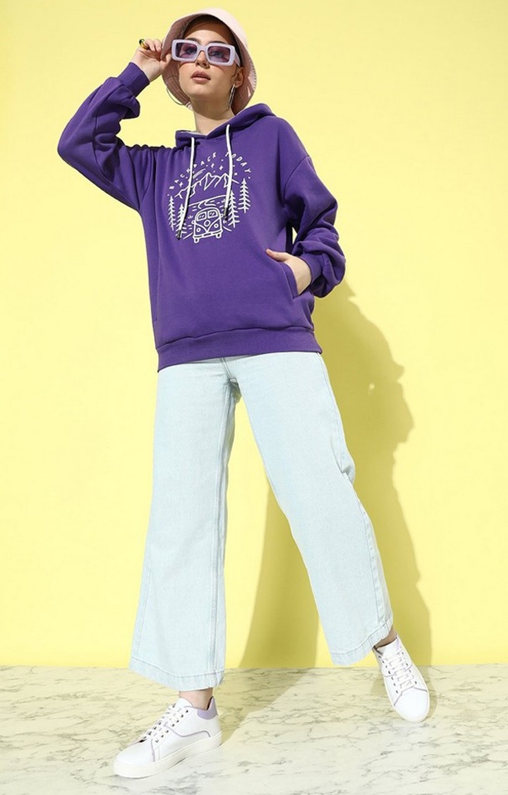 Women's Purple Cotton Blend Graphic Printed Sweatshirt