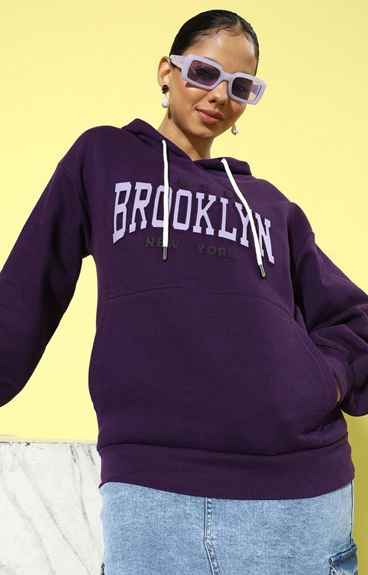 Women's Purple Cotton Blend Typographic Printed Sweatshirt
