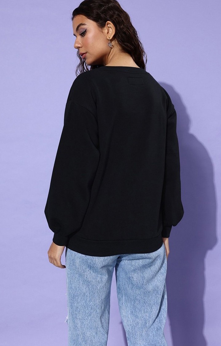 Women's Black Cotton Blend Typographic Printed Sweatshirt